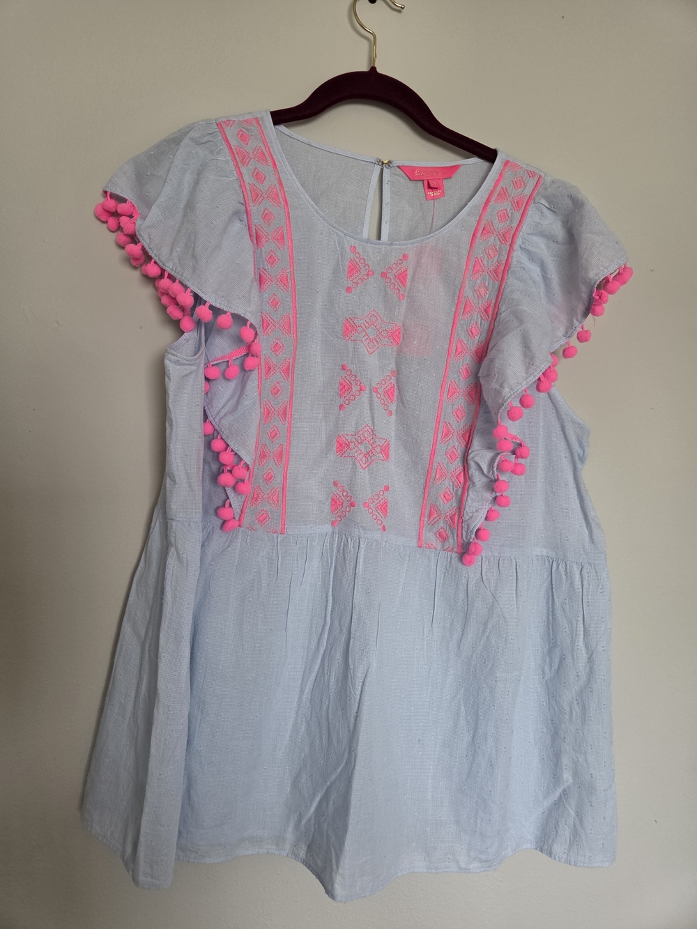 Lilly Pulitzer Light Blue Tunic with Neon Pink Embroidery